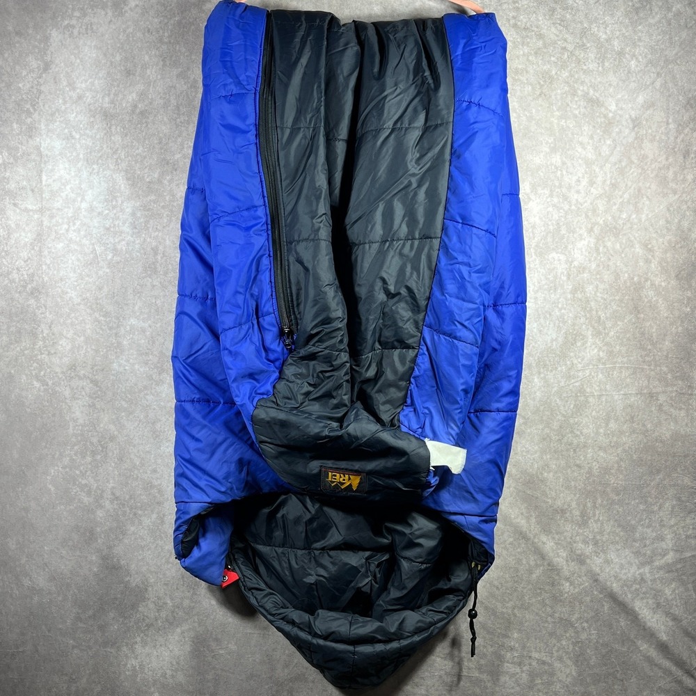 Vintage REI Sleeping‎ Bag Black Blue Quilted Zip Camping Hiking Outdoor Hooded